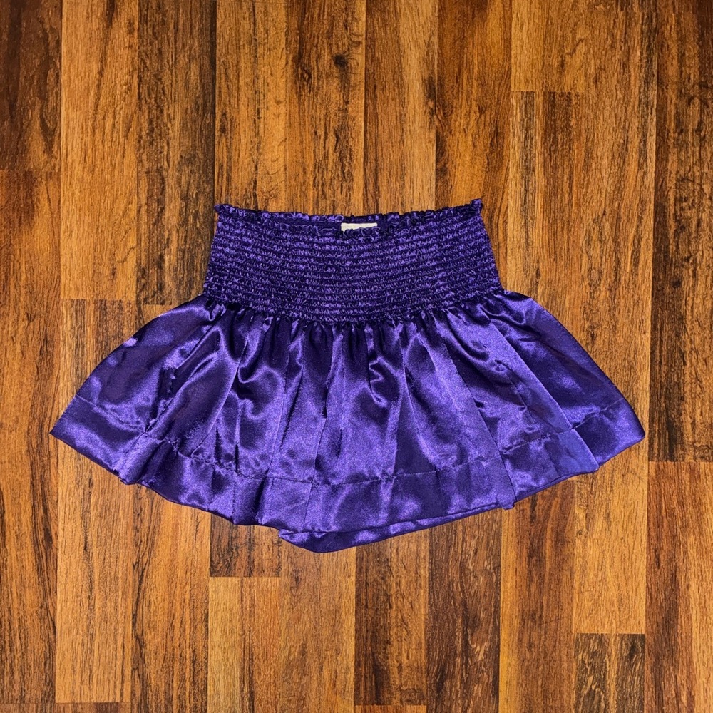KOCH Erica Skirt Purple Satin Smocked Waist Ruffle Mini Skirt Womens